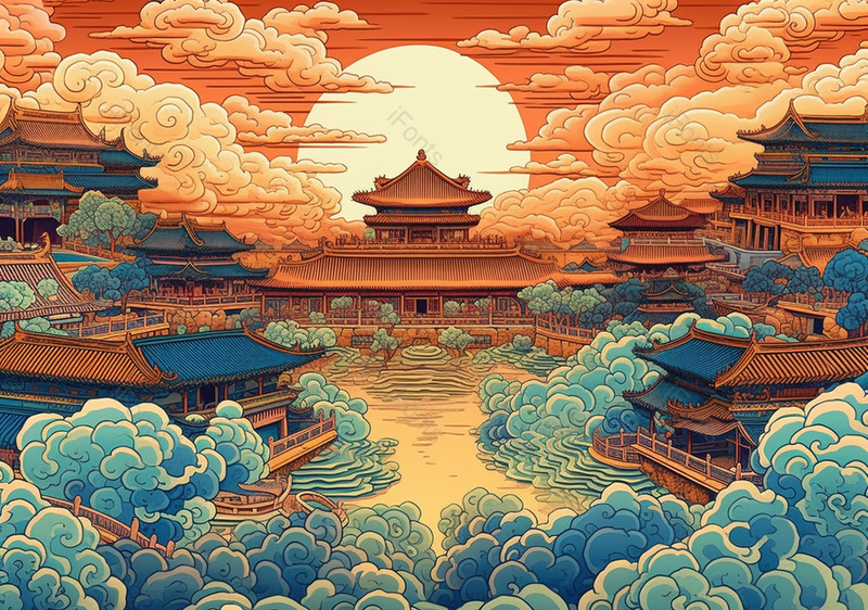 北京古建筑宫殿祥云插画背景,插画/手绘图,插画/手绘图库,插画/手绘图下载,插画/手绘